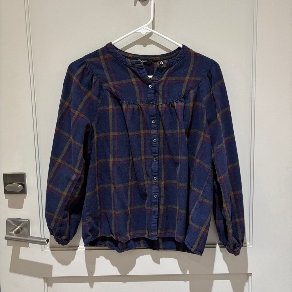Madewell Plaid Flannel Button-Up Blouse - Blue, Red, and Olive